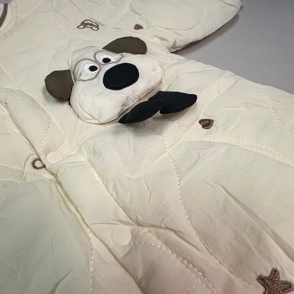New Quilted Puppy Dog Romper‎ Cream Star Embroidered Snap Front Jumpsuit 73CM